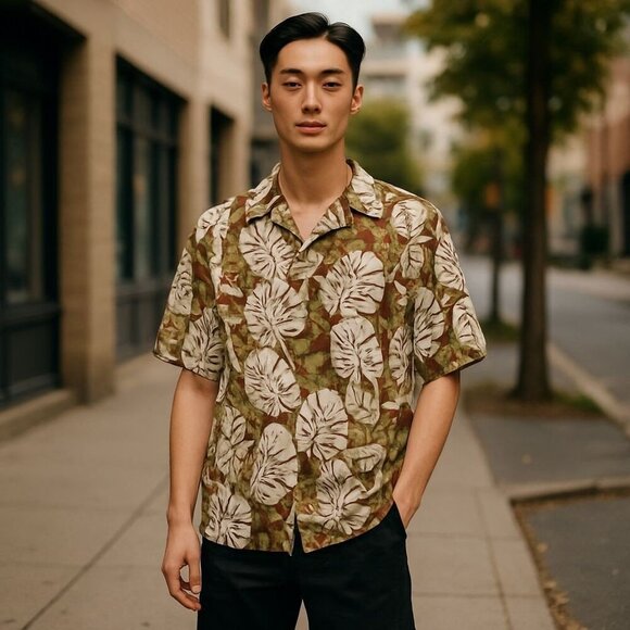 Caribbean Other - Caribbean Silk Men's XL Hawaiian Shirt – Brown & White Palm Leaf Aloha Camp